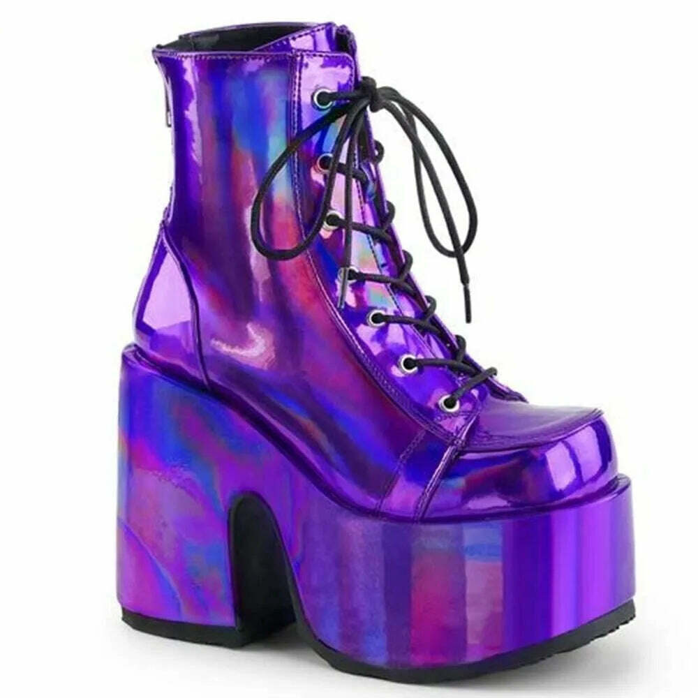 KIMLUD, Shiny Purple Ankle Boots Women&#39;s 2022 New Arrival Platform Round Toe Chunky Heel Cross Straps Sexy Fashion Show Party Shoes, as picture 2 / 33, KIMLUD Womens Clothes