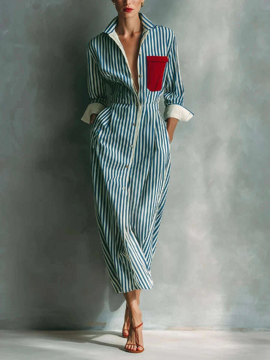 Shirt Dress - Striped Print Color Blocking - Polyester | KIMLUD
