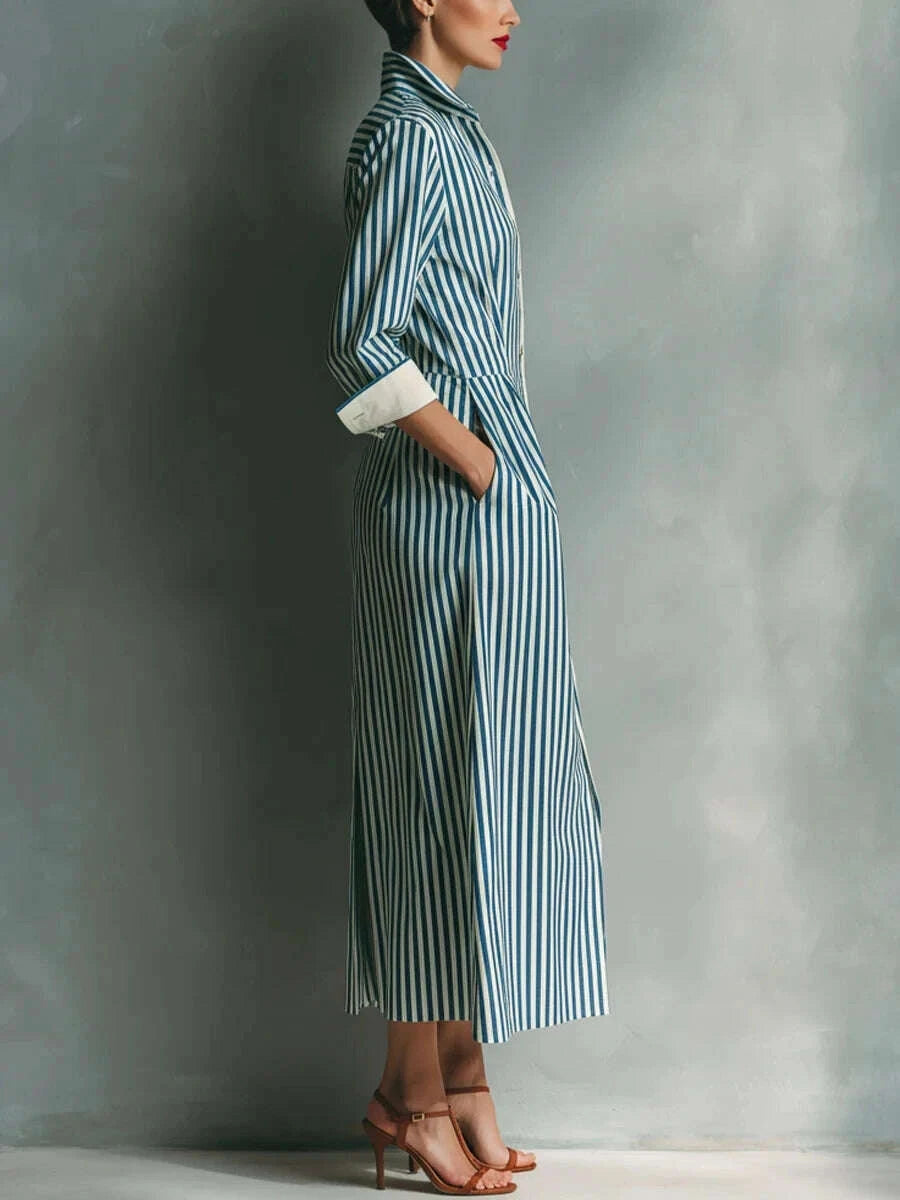 Shirt Dress - Striped Print Color Blocking - Polyester | KIMLUD