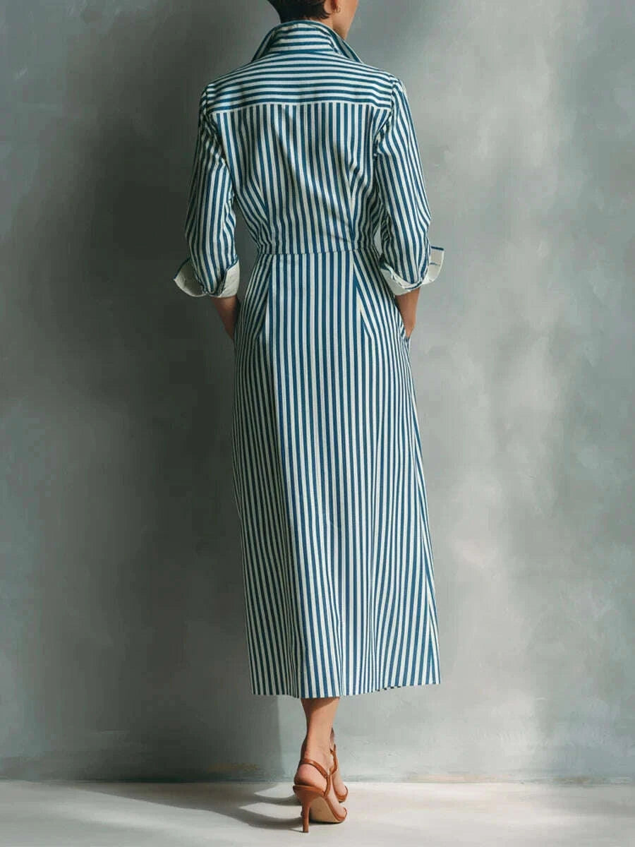 Shirt Dress - Striped Print Color Blocking - Polyester | KIMLUD