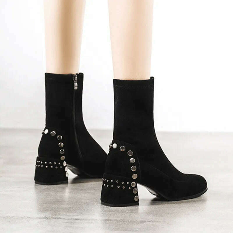 KIMLUD, Shoes for Woman Half High Heels Women's Boots Studded Footwear Elegant Heeled Elastic Black Mid Calf Fashion 2023 Winter Novelty, Black (Heel 6cm) / 34, KIMLUD Womens Clothes