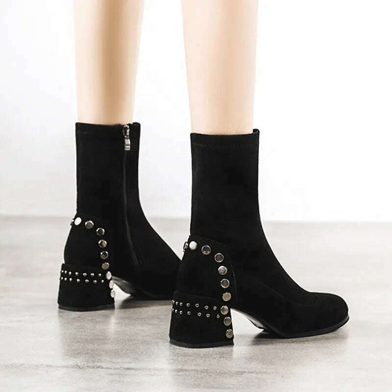 Shoes for Woman Half High Heels Women's Boots Studded Footwear Elegant Heeled Elastic Black Mid Calf Fashion 2023 Winter Novelty - KIMLUD