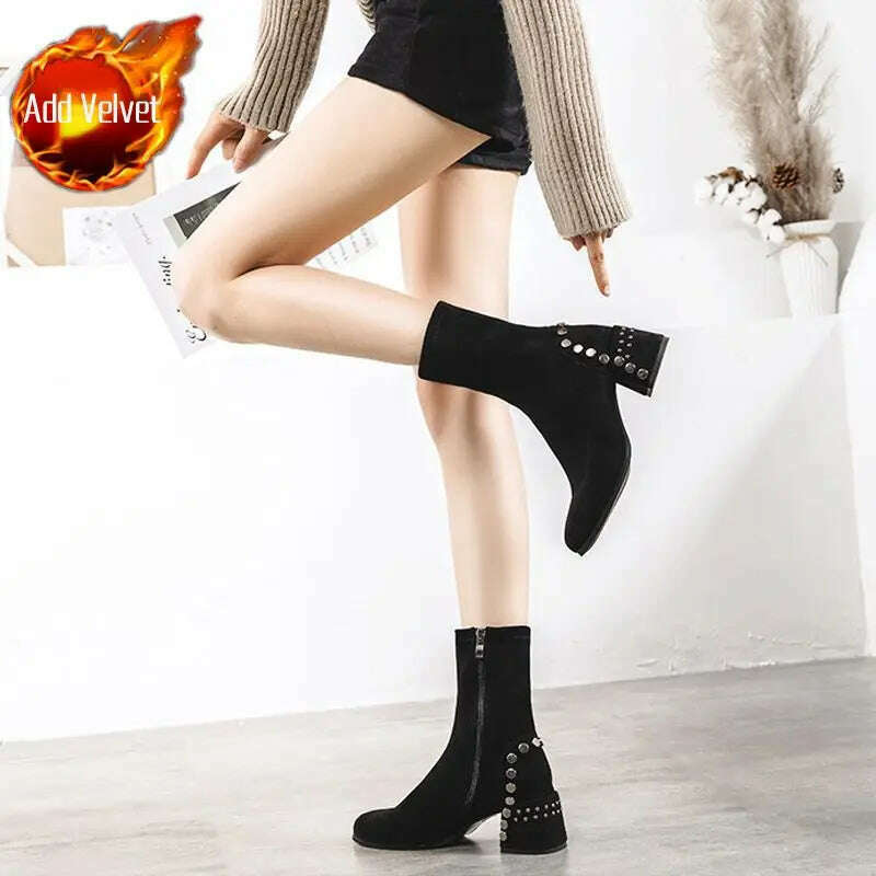 KIMLUD, Shoes for Woman Half High Heels Women's Boots Studded Footwear Elegant Heeled Elastic Black Mid Calf Fashion 2023 Winter Novelty, Black Plus Velvet / 34, KIMLUD Womens Clothes