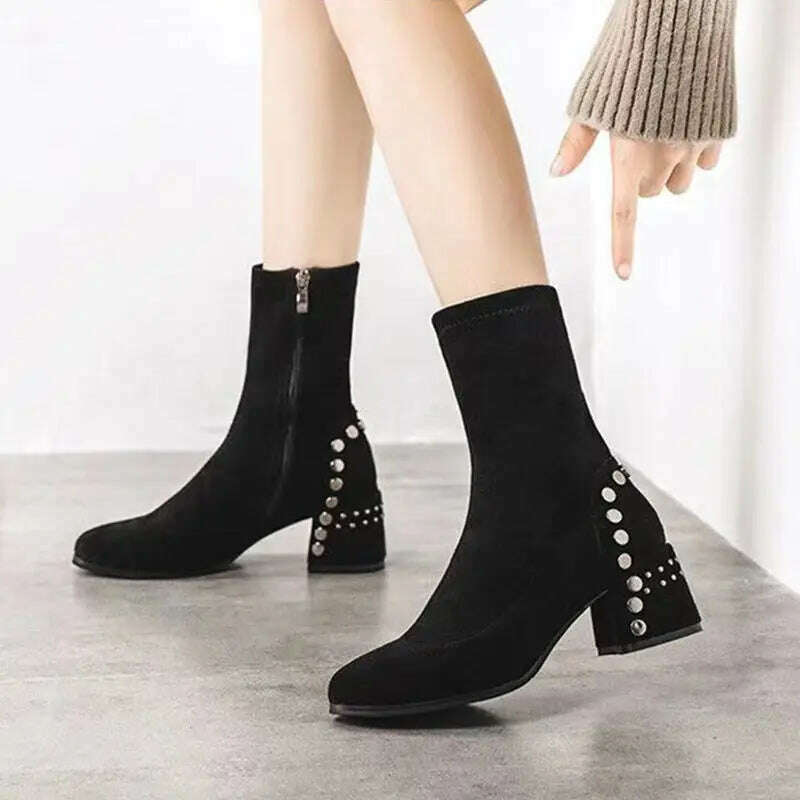 KIMLUD, Shoes for Woman Half High Heels Women's Boots Studded Footwear Elegant Heeled Elastic Black Mid Calf Fashion 2023 Winter Novelty, KIMLUD Women's Clothes
