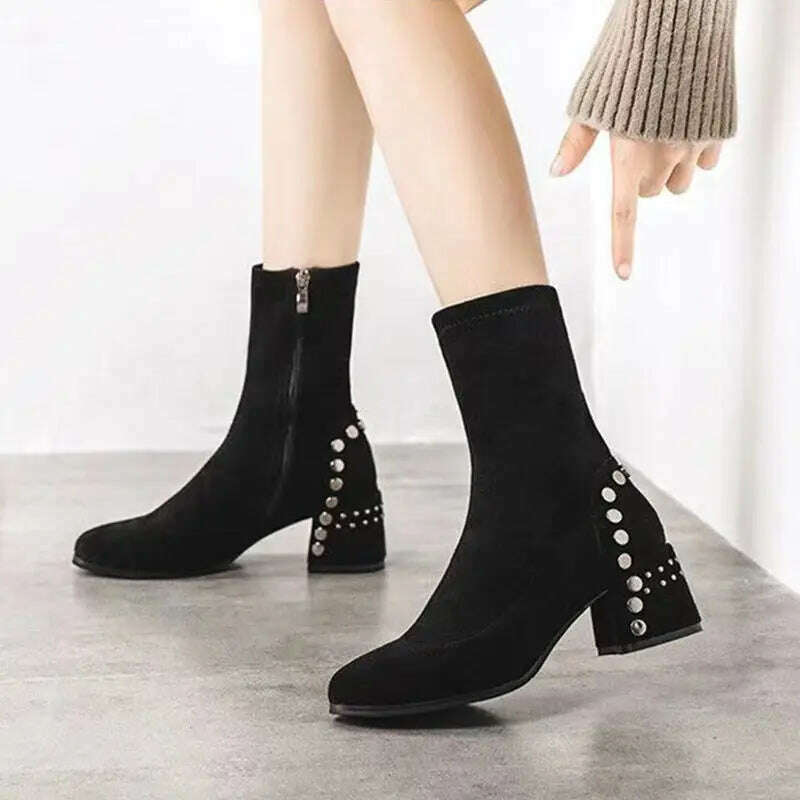 Shoes for Woman Half High Heels Women's Boots Studded Footwear Elegant Heeled Elastic Black Mid Calf Fashion 2023 Winter Novelty - KIMLUD