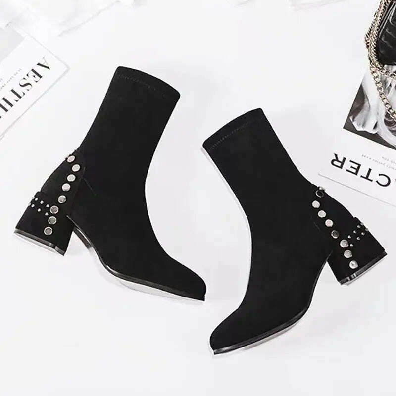 Shoes for Woman Half High Heels Women's Boots Studded Footwear Elegant Heeled Elastic Black Mid Calf Fashion 2023 Winter Novelty - KIMLUD