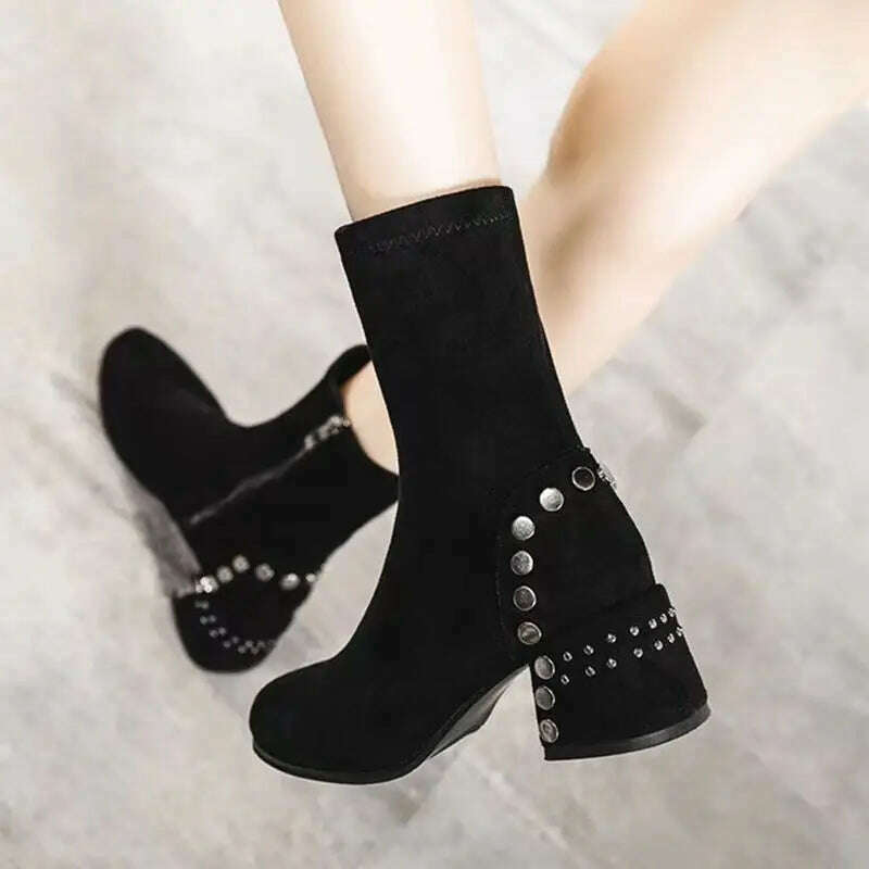 KIMLUD, Shoes for Woman Half High Heels Women's Boots Studded Footwear Elegant Heeled Elastic Black Mid Calf Fashion 2023 Winter Novelty, KIMLUD Womens Clothes