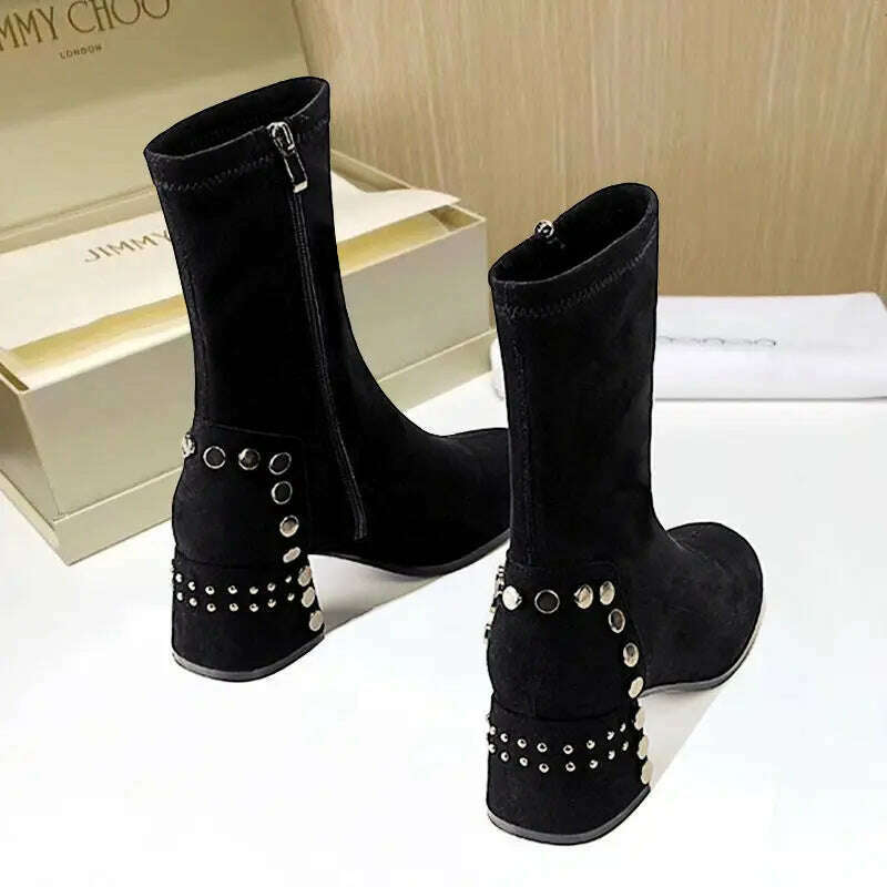 Shoes for Woman Half High Heels Women's Boots Studded Footwear Elegant Heeled Elastic Black Mid Calf Fashion 2023 Winter Novelty - KIMLUD