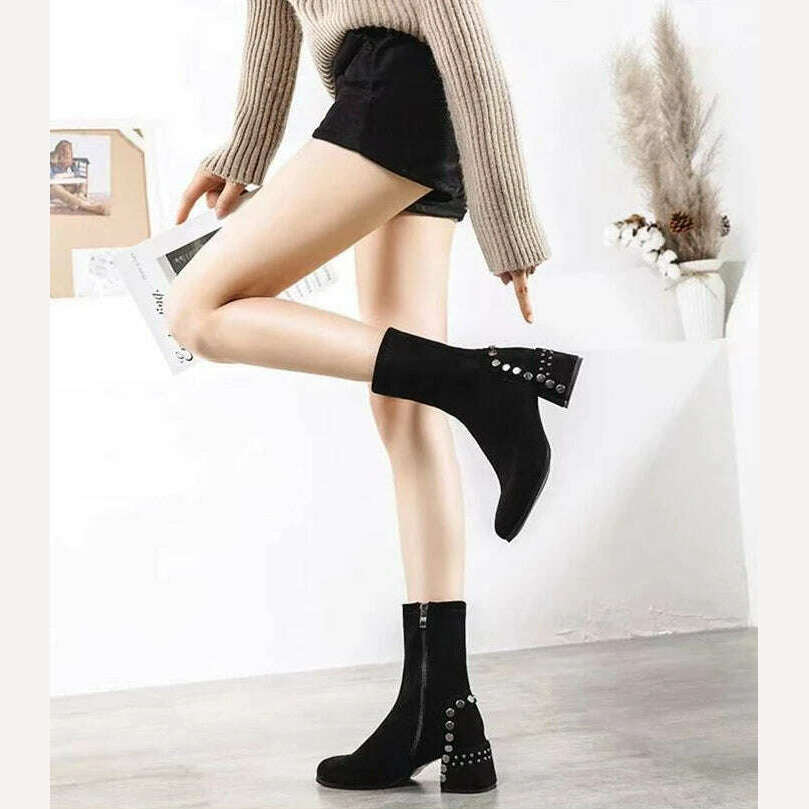 Shoes for Woman Half High Heels Women's Boots Studded Footwear Elegant Heeled Elastic Black Mid Calf Fashion 2023 Winter Novelty - KIMLUD
