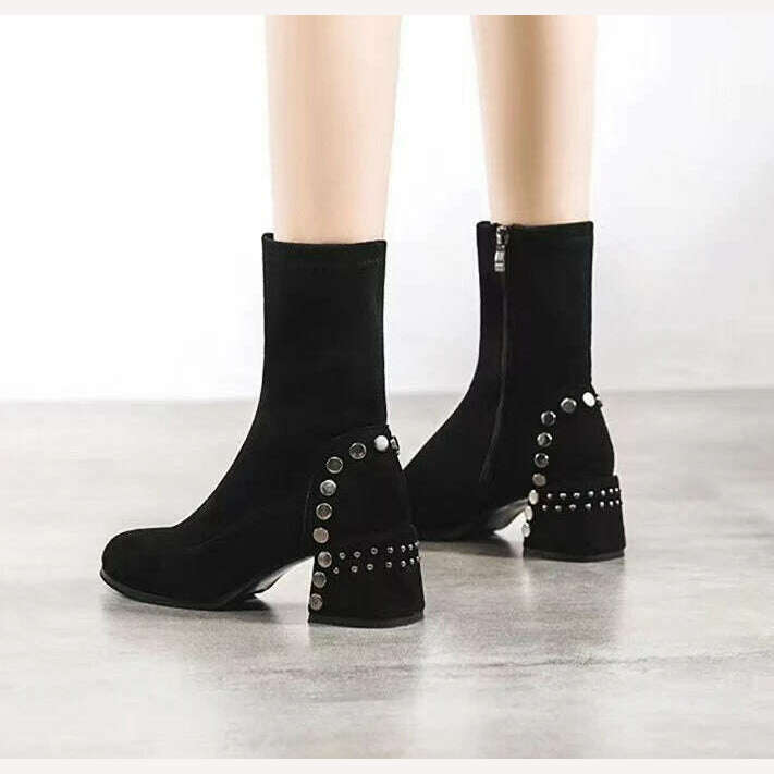 KIMLUD, Shoes for Woman Half High Heels Women's Boots Studded Footwear Elegant Heeled Elastic Black Mid Calf Fashion 2023 Winter Novelty, KIMLUD Womens Clothes