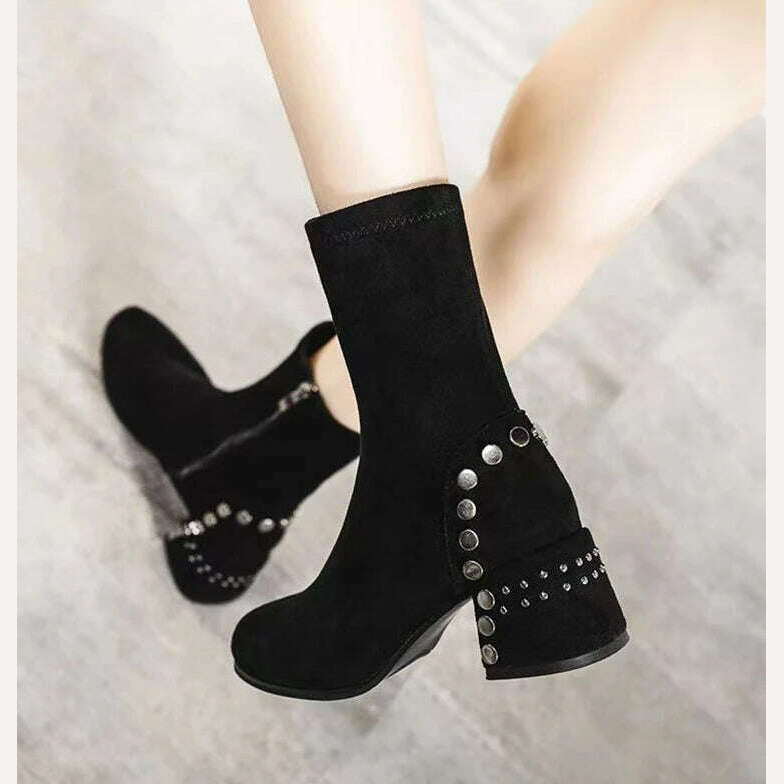 Shoes for Woman Half High Heels Women's Boots Studded Footwear Elegant Heeled Elastic Black Mid Calf Fashion 2023 Winter Novelty - KIMLUD