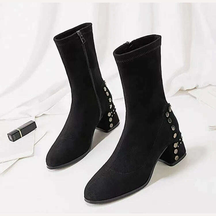 KIMLUD, Shoes for Woman Half High Heels Women's Boots Studded Footwear Elegant Heeled Elastic Black Mid Calf Fashion 2023 Winter Novelty, KIMLUD Womens Clothes