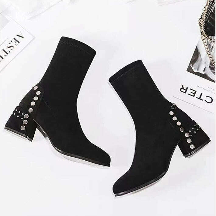 Shoes for Woman Half High Heels Women's Boots Studded Footwear Elegant Heeled Elastic Black Mid Calf Fashion 2023 Winter Novelty - KIMLUD