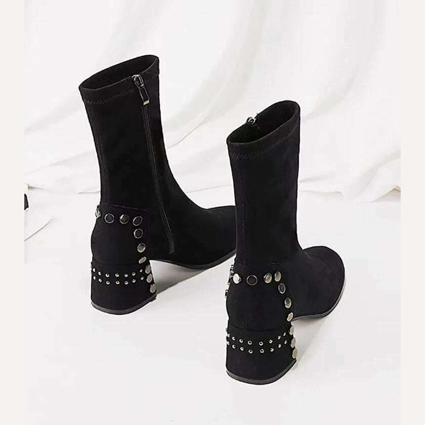 KIMLUD, Shoes for Woman Half High Heels Women's Boots Studded Footwear Elegant Heeled Elastic Black Mid Calf Fashion 2023 Winter Novelty, KIMLUD Women's Clothes