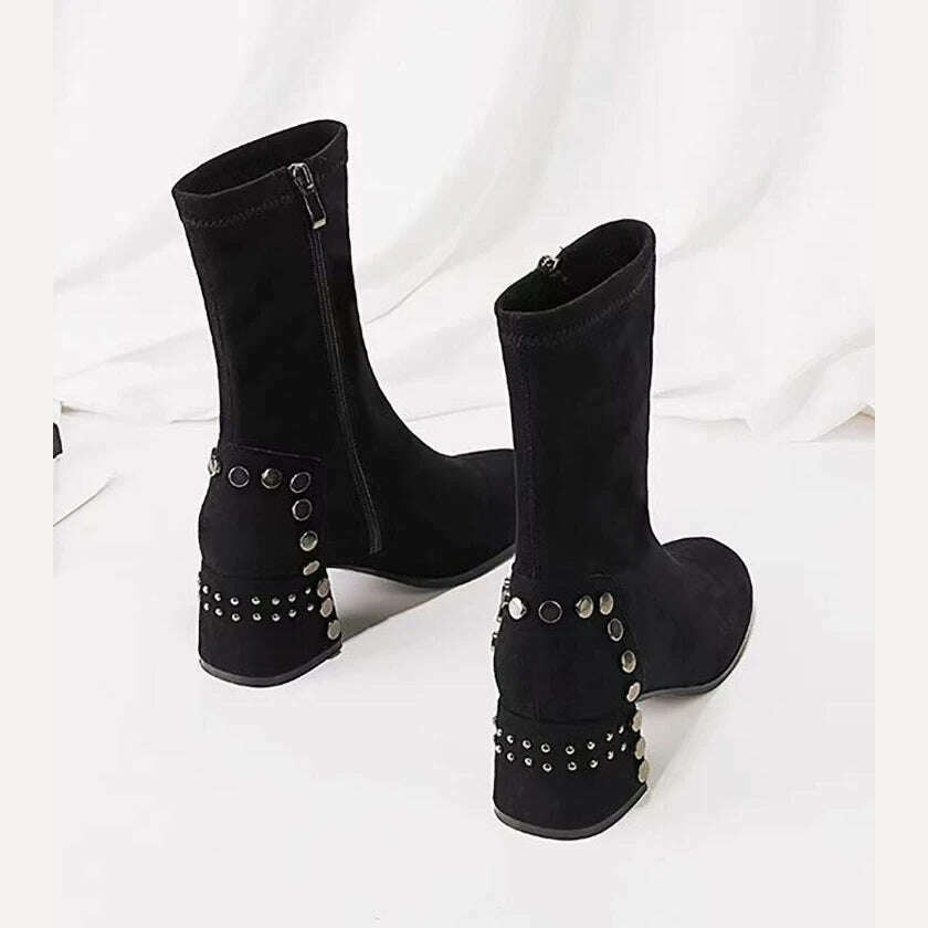 Shoes for Woman Half High Heels Women's Boots Studded Footwear Elegant Heeled Elastic Black Mid Calf Fashion 2023 Winter Novelty - KIMLUD