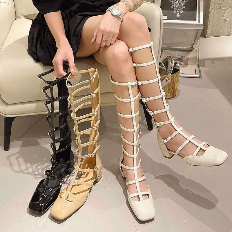KIMLUD, Shoes for Women 2023 Fashion Sexy Hollow-out Women's Boots New Quality Women Shoes Square Toe Solid Color High-top Sandals, KIMLUD Womens Clothes