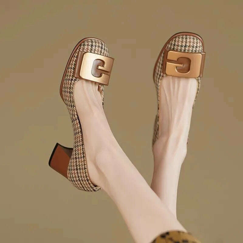 Shoes for Women 2023 Square Toe Ladies Summer Footwear Office with Heel on Heeled High Heels Chunky Pumps Block Stylish Shoe 39 - KIMLUD