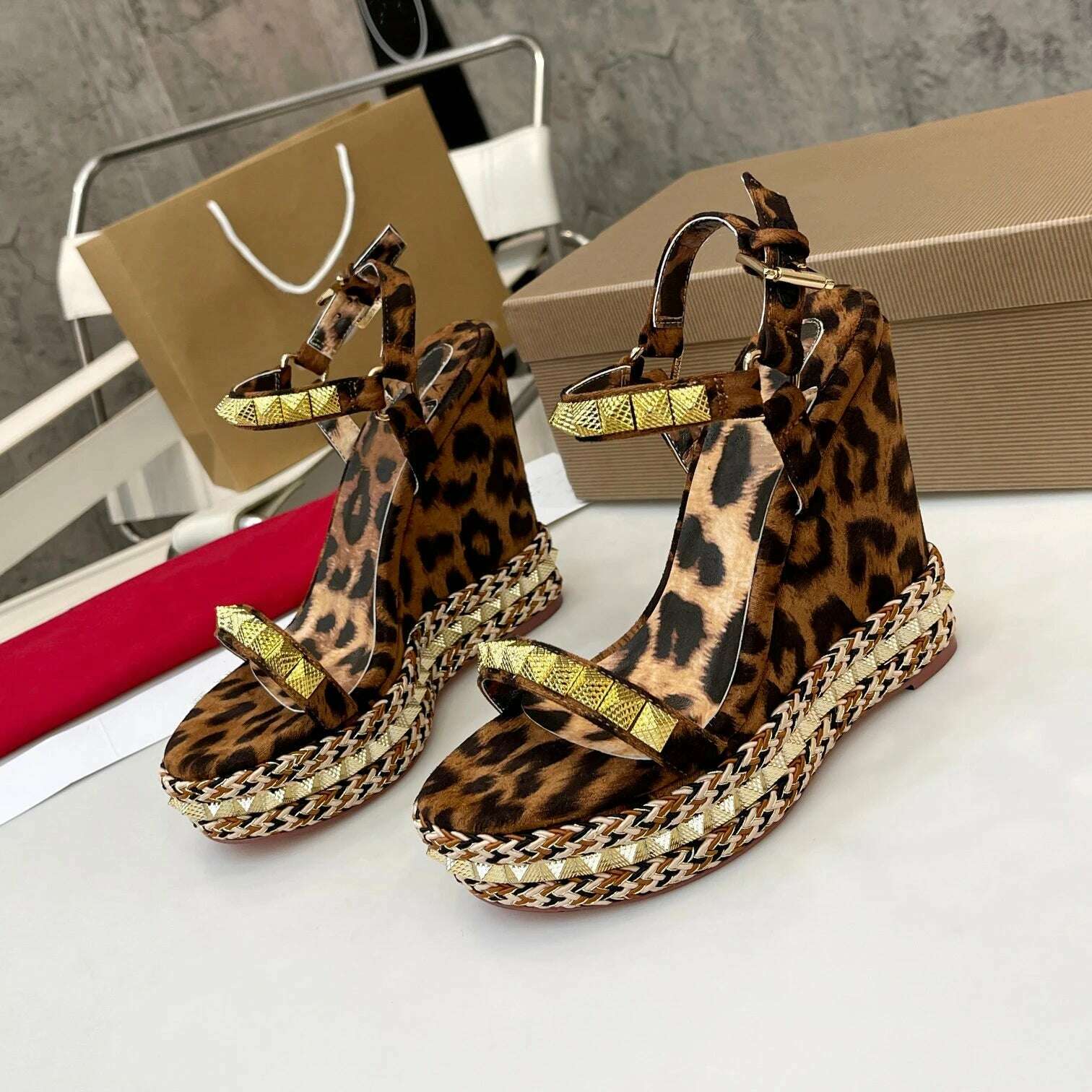 KIMLUD, Shoes For Women Size35-41 Genuine Leather Sandals Wedges Super High Heels Rivets Leopard Pumps Flat Platform Zapatillas Mujer, KIMLUD Women's Clothes