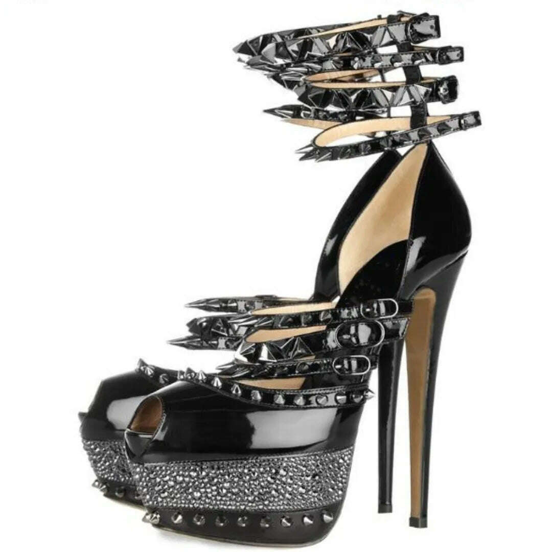 KIMLUD, SHOFOO shoes Sexy women's high-heeled sandals. About 15 cm high heel. Summer women's shoes. Tapered rivet decoration. Black., KIMLUD Womens Clothes