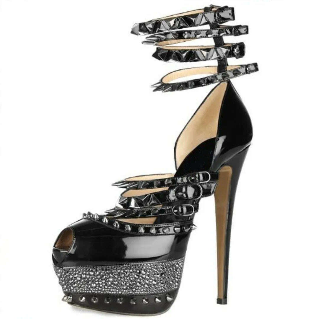 KIMLUD, SHOFOO shoes Sexy women's high-heeled sandals. About 15 cm high heel. Summer women's shoes. Tapered rivet decoration. Black., Black / 34, KIMLUD Womens Clothes