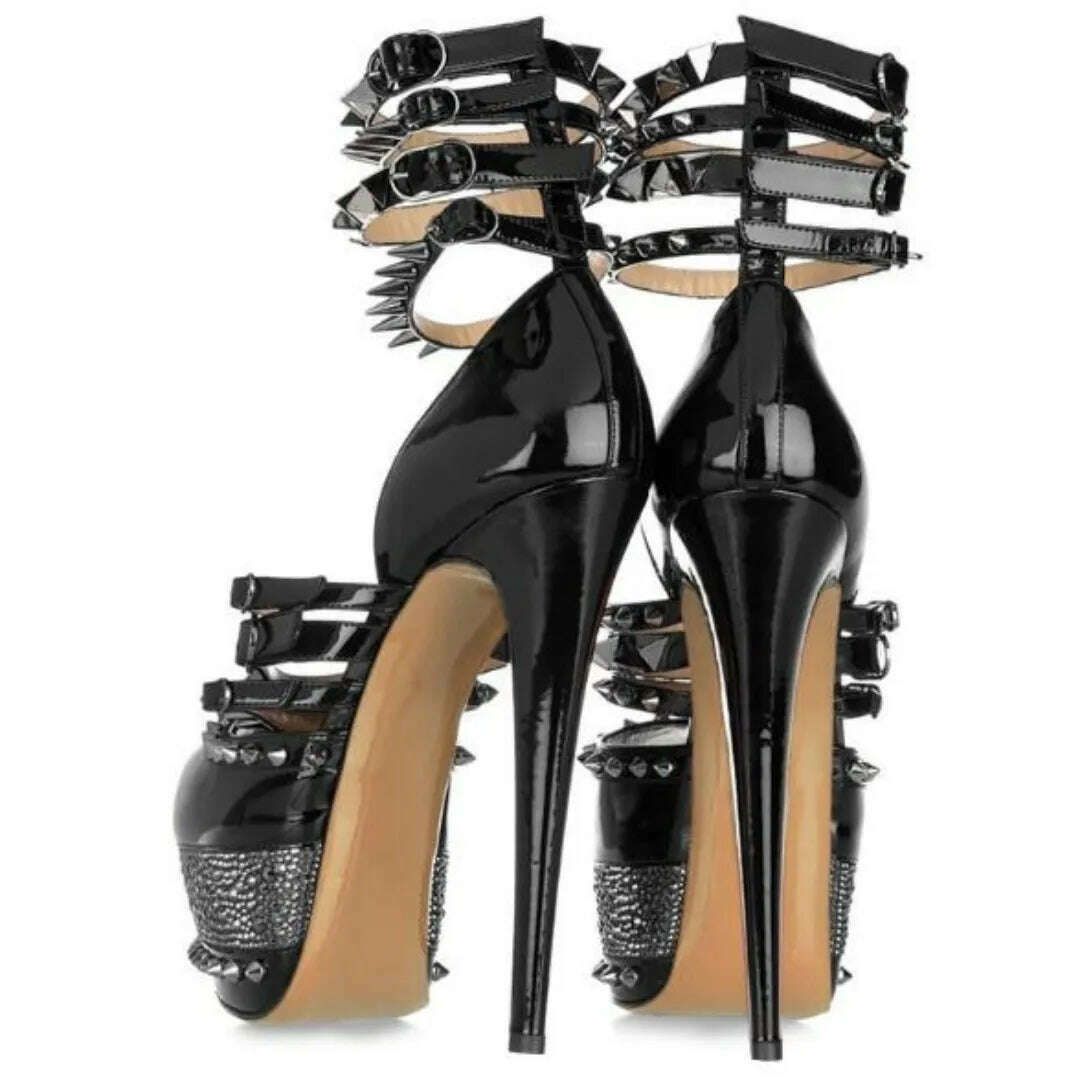 KIMLUD, SHOFOO shoes Sexy women's high-heeled sandals. About 15 cm high heel. Summer women's shoes. Tapered rivet decoration. Black., KIMLUD Womens Clothes