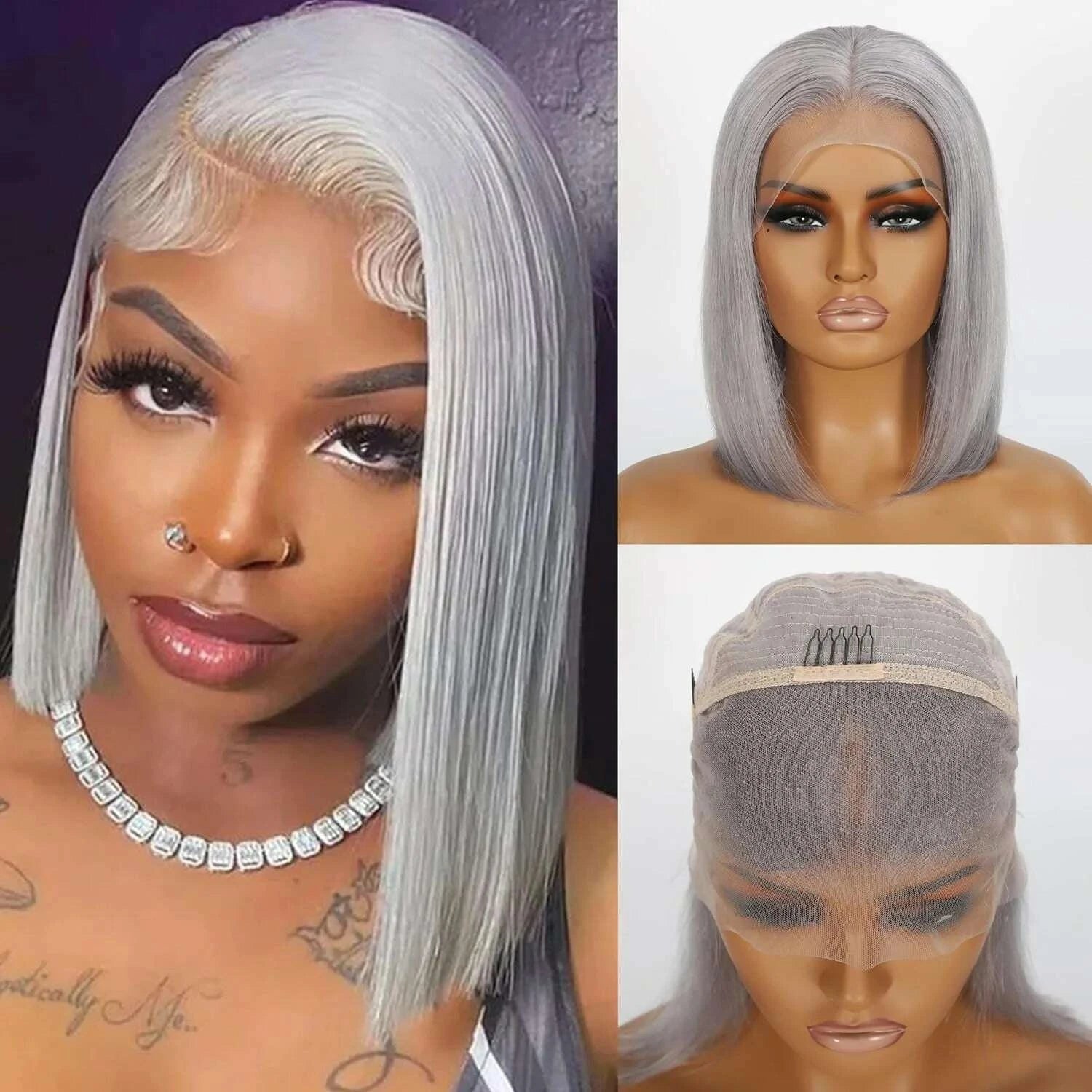 Short Bob Human Hair HD Lace Front Wig - Grey | KIMLUD