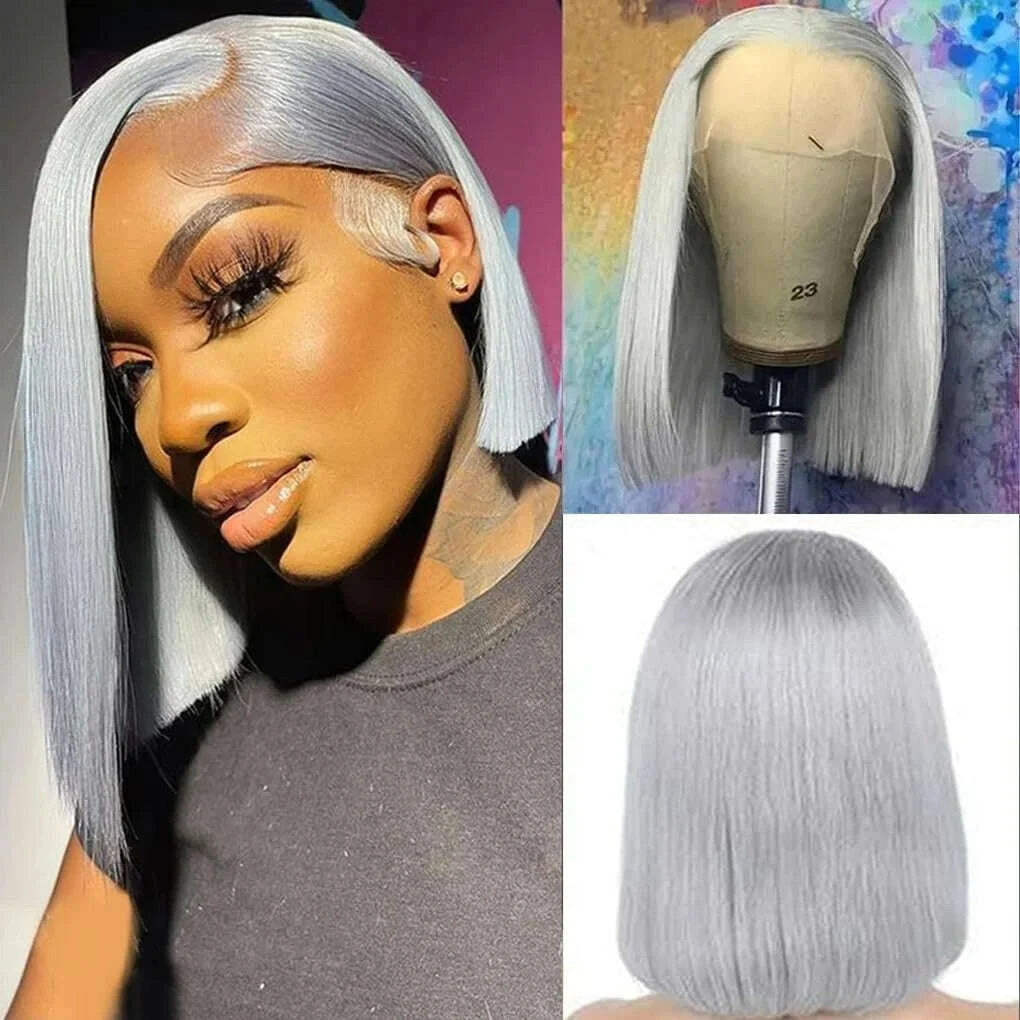 Short Bob Human Hair HD Lace Front Wig - Grey | KIMLUD