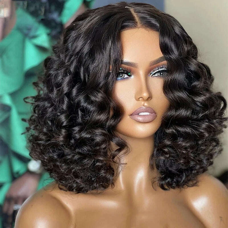KIMLUD, Short Bob Soft 180Density Deep Wave Curly Natural Black Color Lace Front Wig For Women With Baby Hair Glueless Preplucked Daily, black / 12INCHES, KIMLUD APPAREL - Womens Clothes