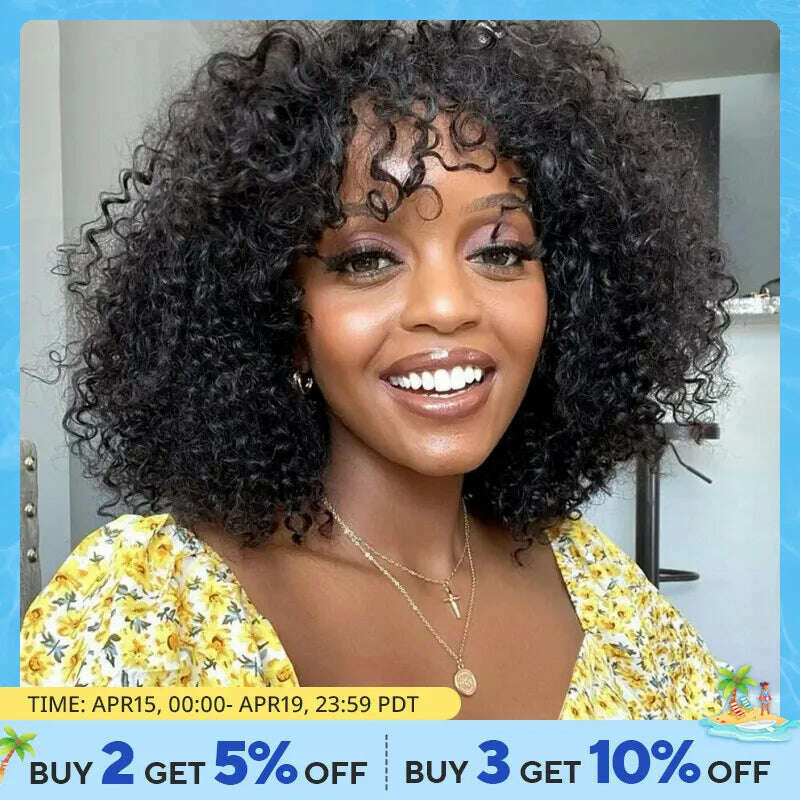 KIMLUD, Short Curly Wave 100% Human Hair Wig With Bangs For Women Full Machine Made Kinky Curly Hair Wig With Bangs Wear Go Glueless Wig, KIMLUD Womens Clothes