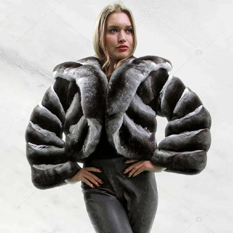 KIMLUD, Short Hairy Genuine Real Fur Jacket Female Big  Lapel Rex Rabbit Fur Coats Women Winter Thicken Strip Sewed Warm Outertwear, KIMLUD Womens Clothes