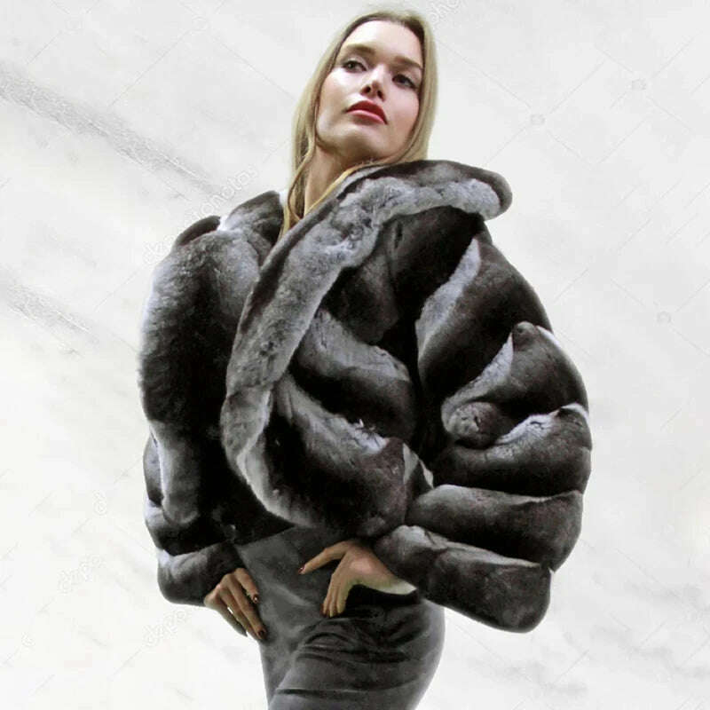 KIMLUD, Short Hairy Genuine Real Fur Jacket Female Big  Lapel Rex Rabbit Fur Coats Women Winter Thicken Strip Sewed Warm Outertwear, KIMLUD Womens Clothes