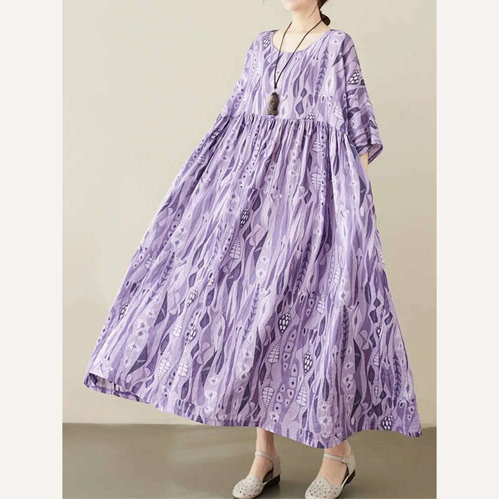 KIMLUD, short sleeve cotton vintage Polka Dot floral new in dresses for women casual loose long summer dress elegant clothing 2024, purple 320 / One Size, KIMLUD Women's Clothes