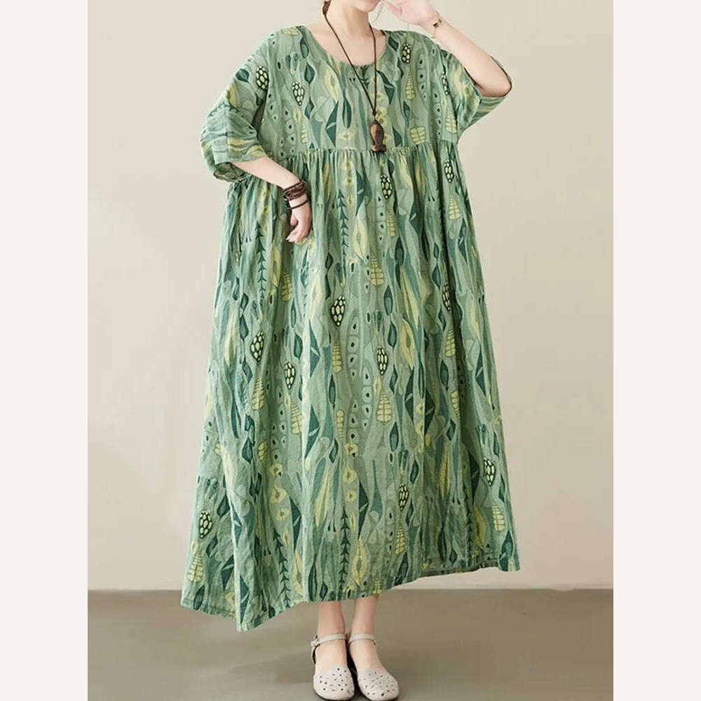 KIMLUD, short sleeve cotton vintage Polka Dot floral new in dresses for women casual loose long summer dress elegant clothing 2024, Green 320 / One Size, KIMLUD Women's Clothes