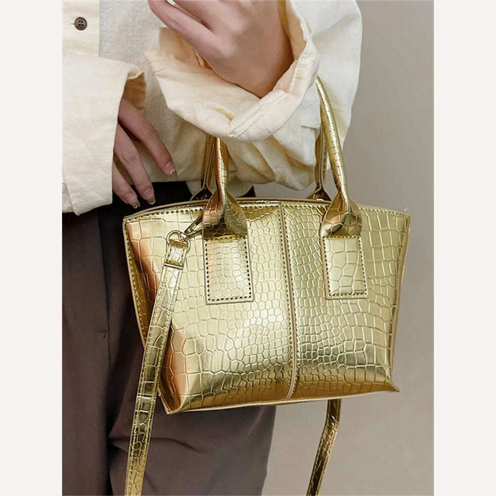 KIMLUD, Shoulder Crossbody Bags For Women 2023 Luxury Designer Handbags Crocodile Pattern Glace Leather Golden Hardware Ladies Mini Tote, KIMLUD Womens Clothes