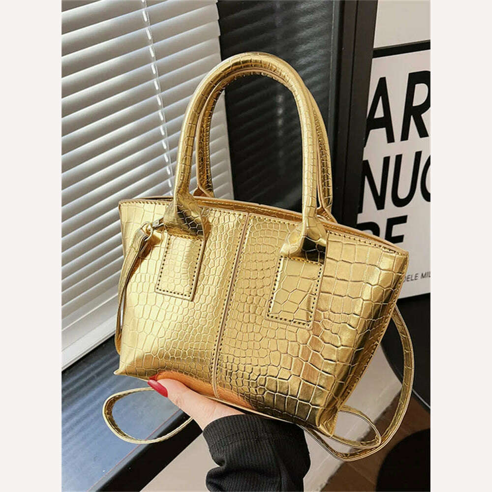 KIMLUD, Shoulder Crossbody Bags For Women 2023 Luxury Designer Handbags Crocodile Pattern Glace Leather Golden Hardware Ladies Mini Tote, KIMLUD Womens Clothes