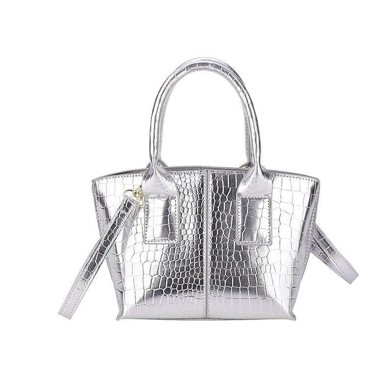 KIMLUD, Shoulder Crossbody Bags For Women 2023 Luxury Designer Handbags Crocodile Pattern Glace Leather Golden Hardware Ladies Mini Tote, Silver, KIMLUD Women's Clothes