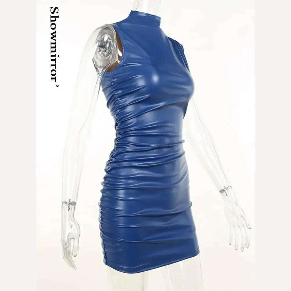 KIMLUD, Showmirror Blue PU Leather Ruched Mini Dress For Women Sexy Bodycon Tank Dresses Party Club Harajuku Clothes Streetwear Y2k, KIMLUD Women's Clothes