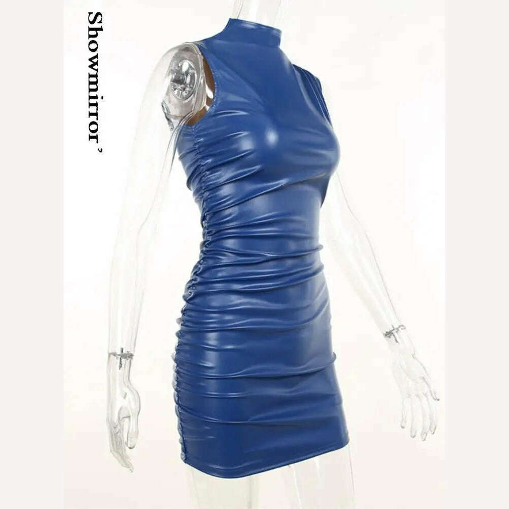 KIMLUD, Showmirror Blue PU Leather Ruched Mini Dress For Women Sexy Bodycon Tank Dresses Party Club Harajuku Clothes Streetwear Y2k, KIMLUD Womens Clothes