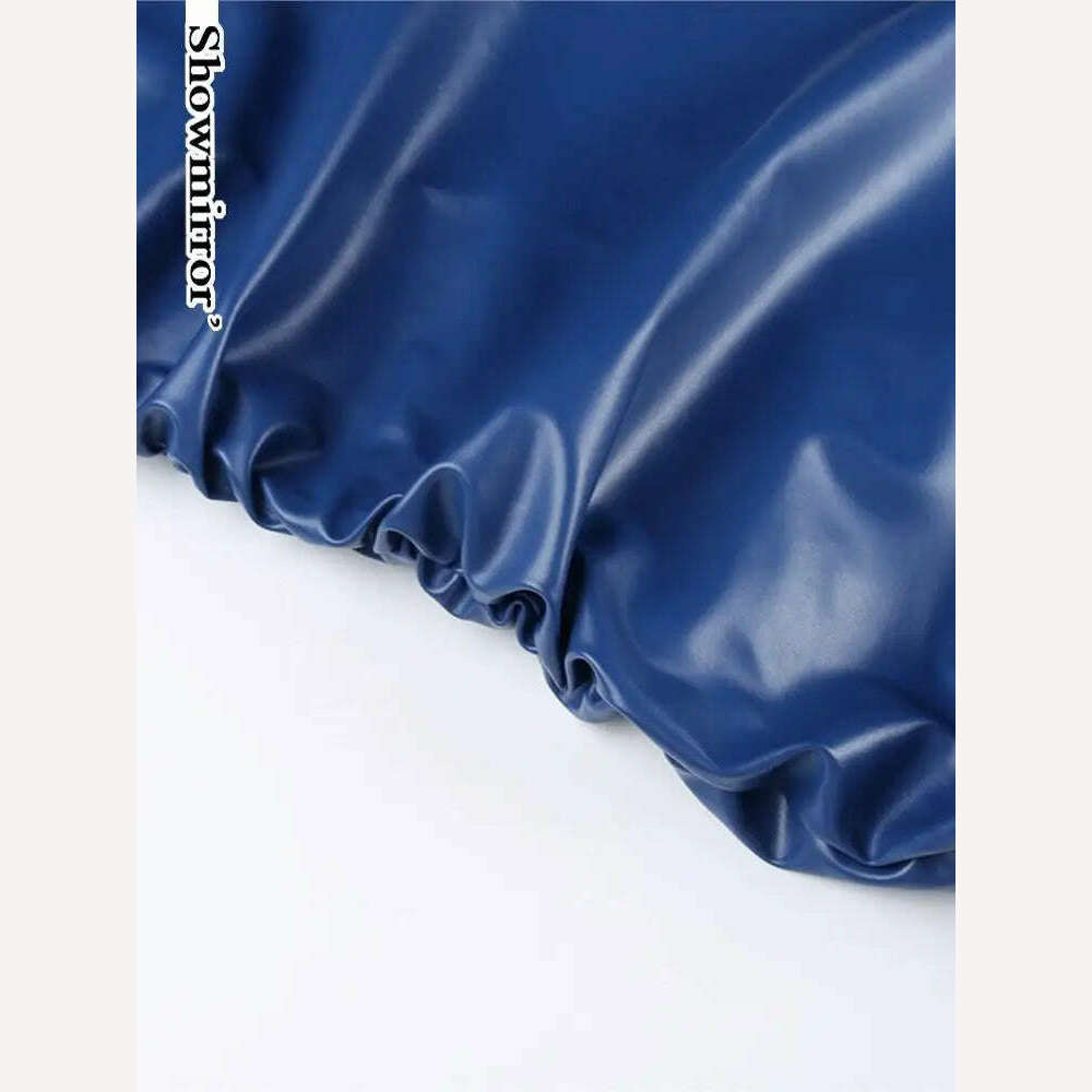 KIMLUD, Showmirror Blue PU Leather Ruched Mini Dress For Women Sexy Bodycon Tank Dresses Party Club Harajuku Clothes Streetwear Y2k, KIMLUD Womens Clothes