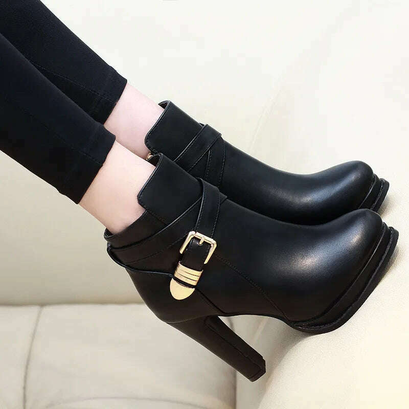 KIMLUD, Side Zipper Martin Boots Women Autumn Winter Shoes Fashion High Heels Platform Ankle Boots Ladies Casual Shoes Black, KIMLUD Womens Clothes