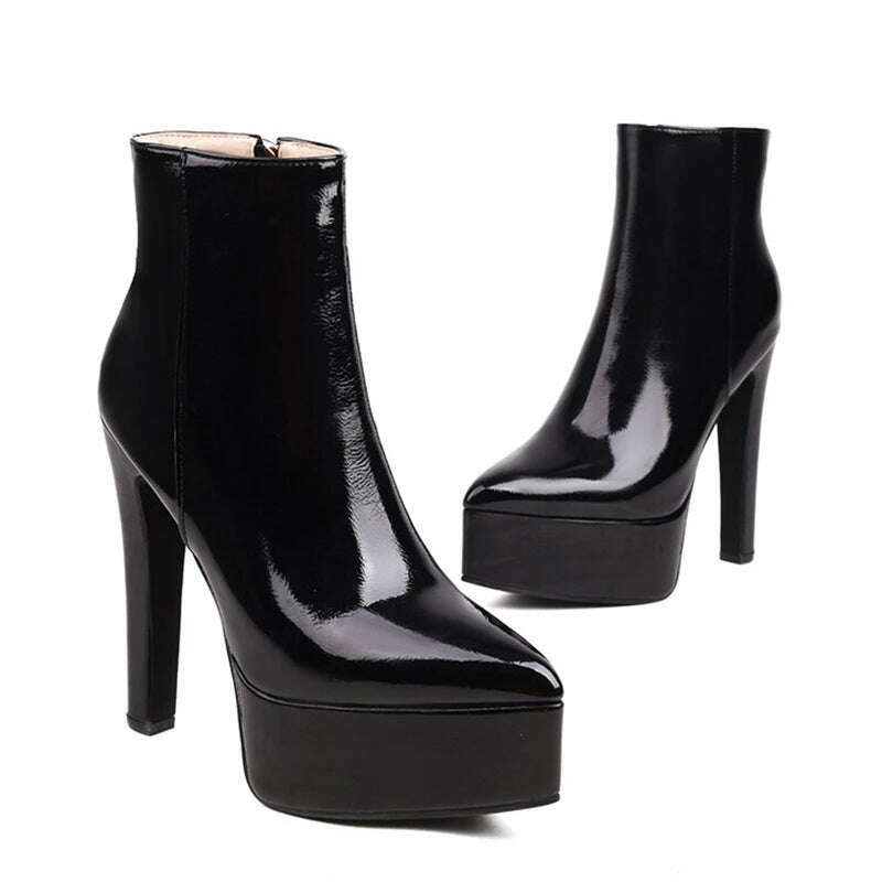 KIMLUD, Side Zipper Patent Leather Pointed Toe Chunky Platform Ankle Boots Super High Thin Heels Solid Color Soft Sole Women Short Boots, black / 34 / CHINA, KIMLUD APPAREL - Womens Clothes