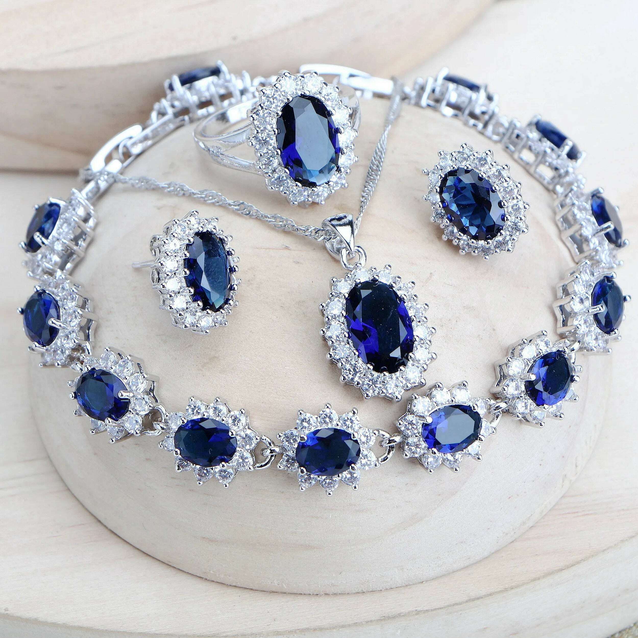 Silver 925 Women Bridal Jewelry Sets Blue Zirconia Costume Fine Jewellery Wedding Necklace Earrings Rings Bracelets Pendant Set, KIMLUD Women's Clothes