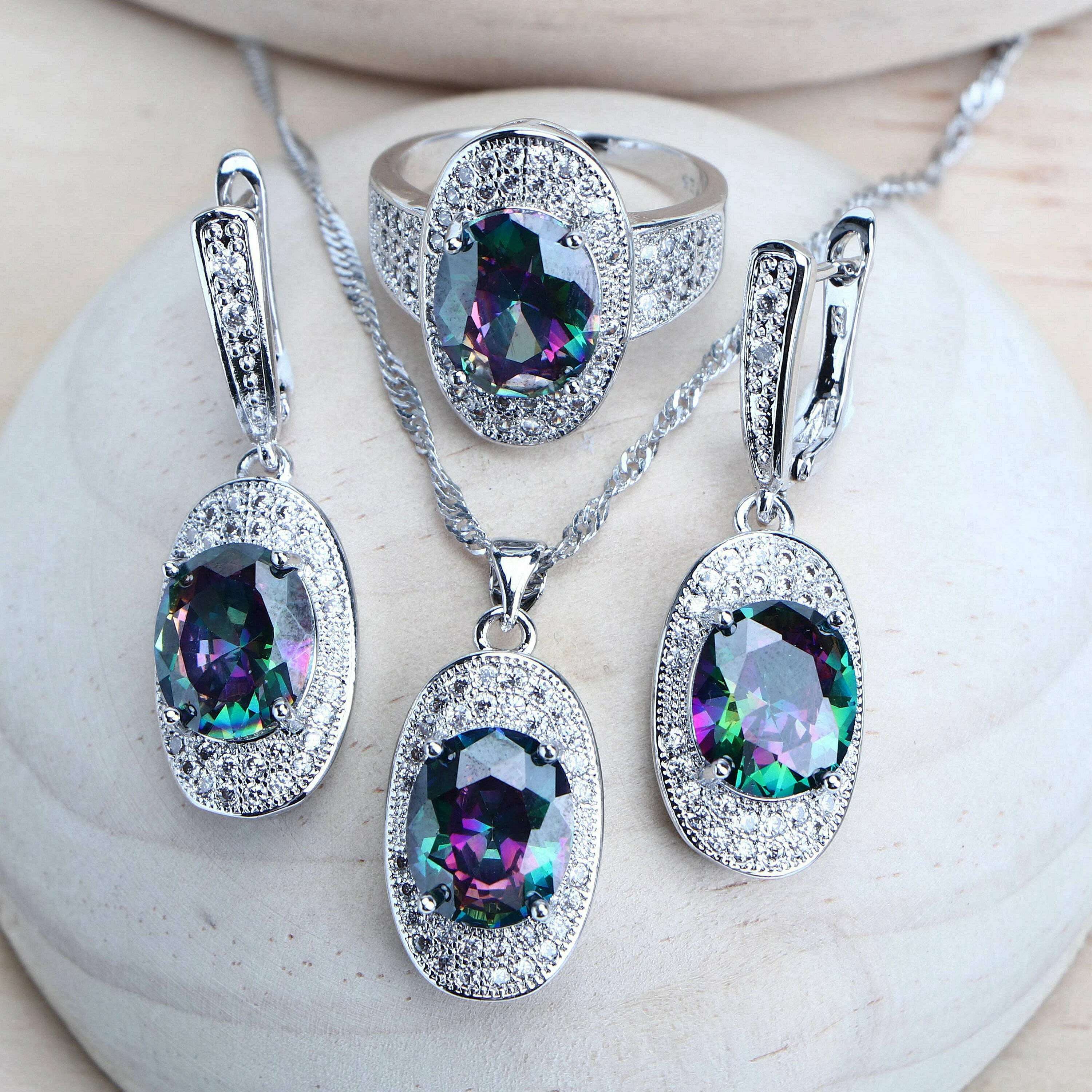 Silver 925 Women Bridal Jewelry Sets Rainbow Cubic Zirconia Costume Jewellery Wedding Earrings Rings Bracelets Pendant Necklace - KIMLUD