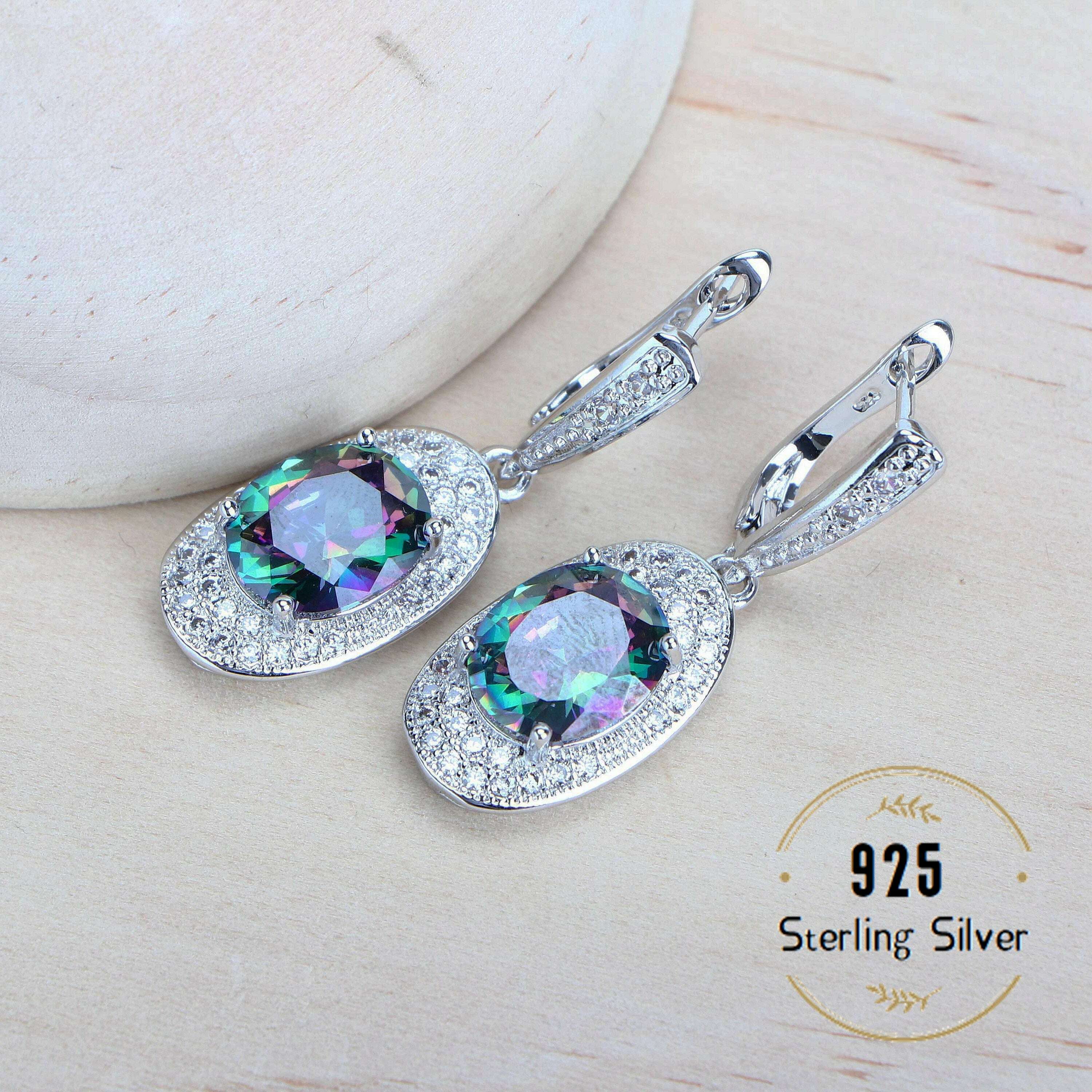 Silver 925 Women Bridal Jewelry Sets Rainbow Cubic Zirconia Costume Jewellery Wedding Earrings Rings Bracelets Pendant Necklace - KIMLUD