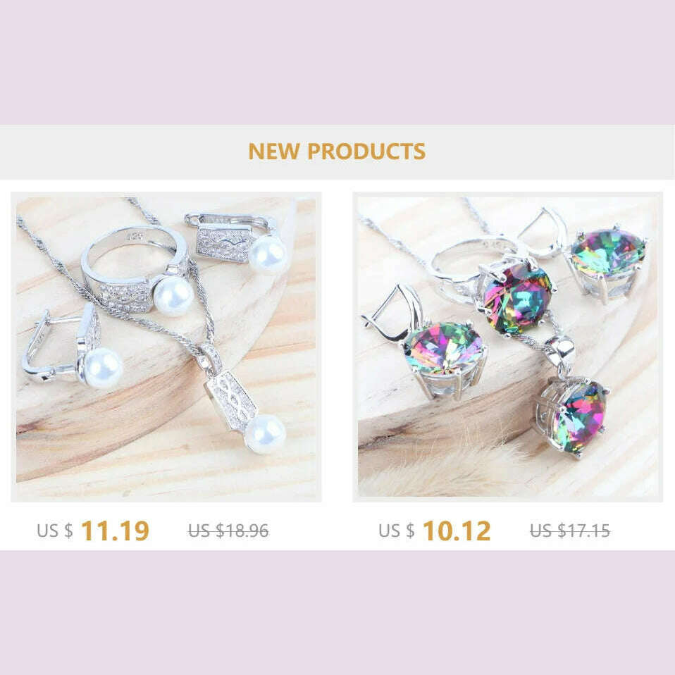 Silver 925 Women Bridal Jewelry Sets Rainbow Cubic Zirconia Costume Jewellery Wedding Earrings Rings Bracelets Pendant Necklace - KIMLUD