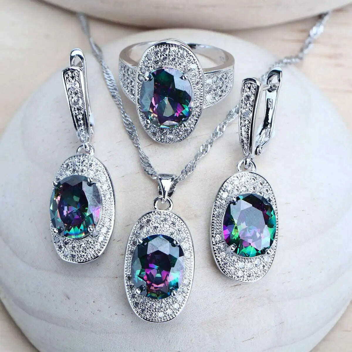 Silver 925 Women Bridal Jewelry Sets Rainbow Cubic Zirconia Costume Jewellery Wedding Earrings Rings Bracelets Pendant Necklace - KIMLUD