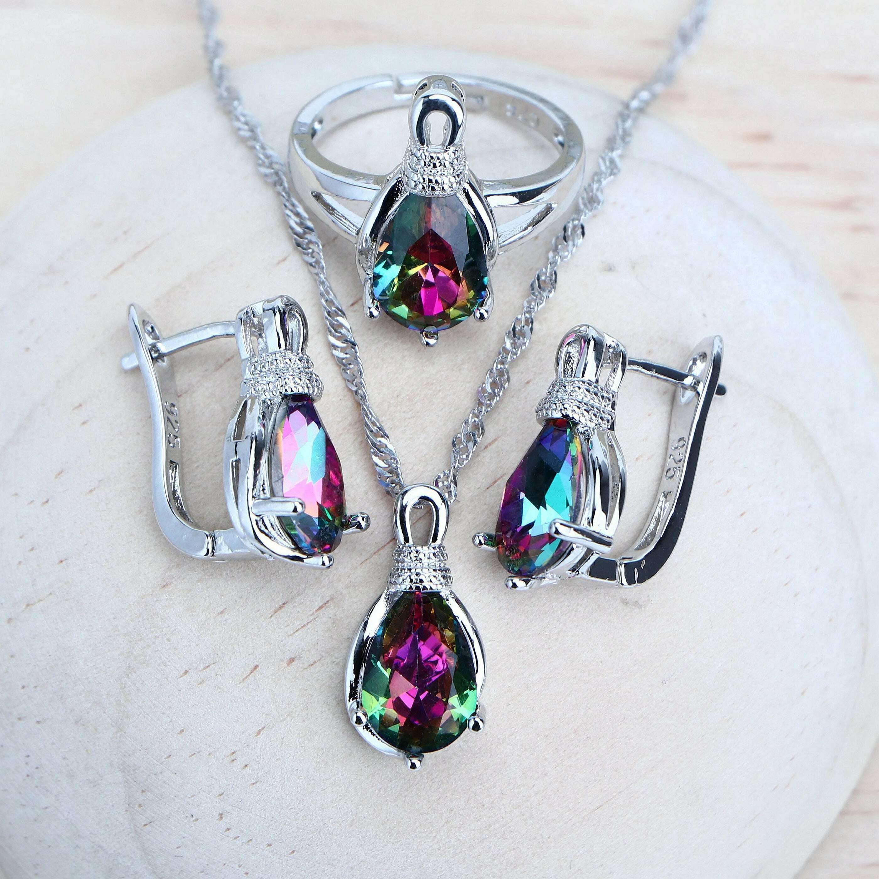 Silver 925 Women Bridal Jewelry Sets Wedding Costume Jewellery Rainbow Cubic Zirconia Earrings Rings Bracelets Pendant Necklace - KIMLUD