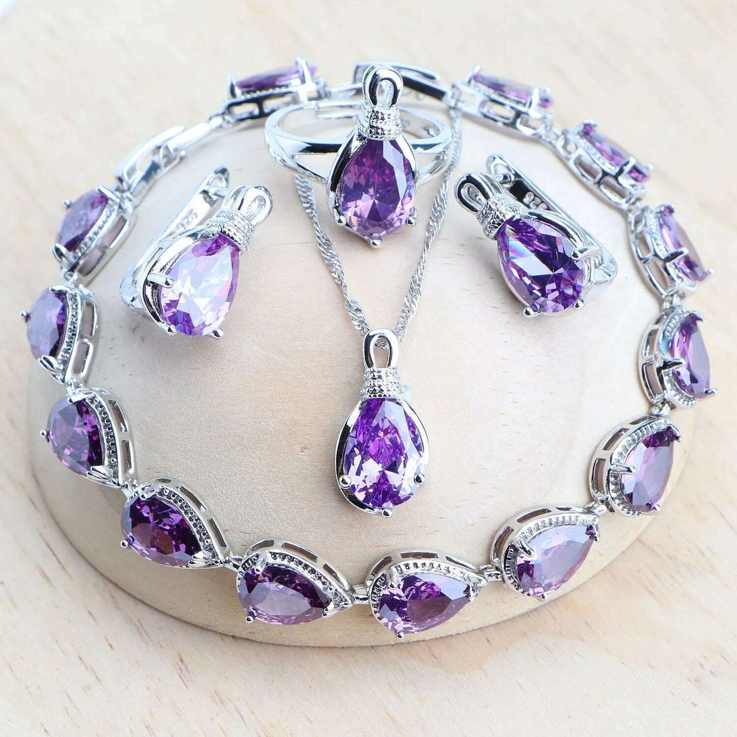 Silver 925 Women Bridal Jewelry Sets Wedding Costume Jewellery Rainbow Cubic Zirconia Earrings Rings Bracelets Pendant Necklace - KIMLUD