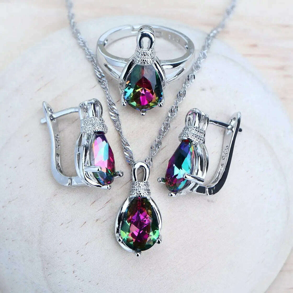 Silver 925 Women Bridal Jewelry Sets Wedding Costume Jewellery Rainbow Cubic Zirconia Earrings Rings Bracelets Pendant Necklace - KIMLUD