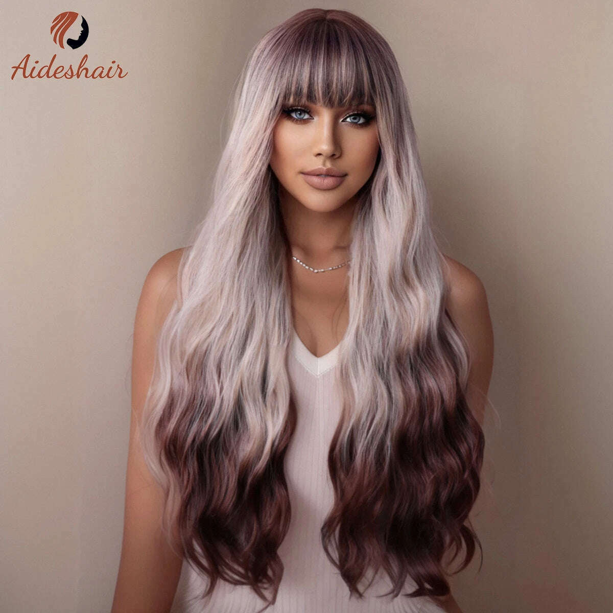 KIMLUD, Silver-ash highlights Straight bangs Long wavy wig for women's wig Synthetic Heat resistant fiber Daily Cosplay (28 inches), BBW1178-1 / 1 PC / 28inches, KIMLUD Womens Clothes